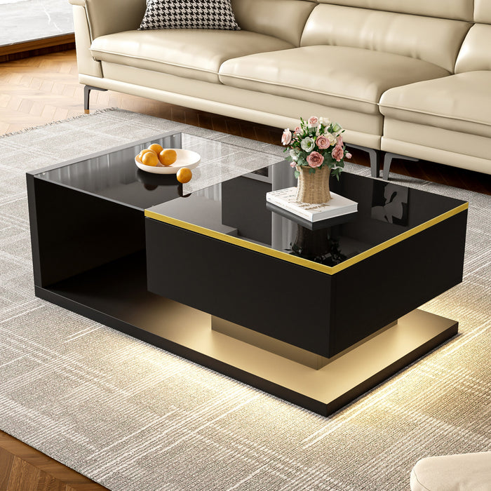 Ethan High-Gloss 35.4\" Long Coffee Table with Glass and LED Effect,Black