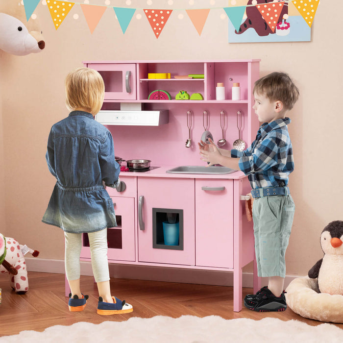 Costway Kids Kitchen Playset Wooden Pretend Play Chef Toy With Microwave & Accessories Pink