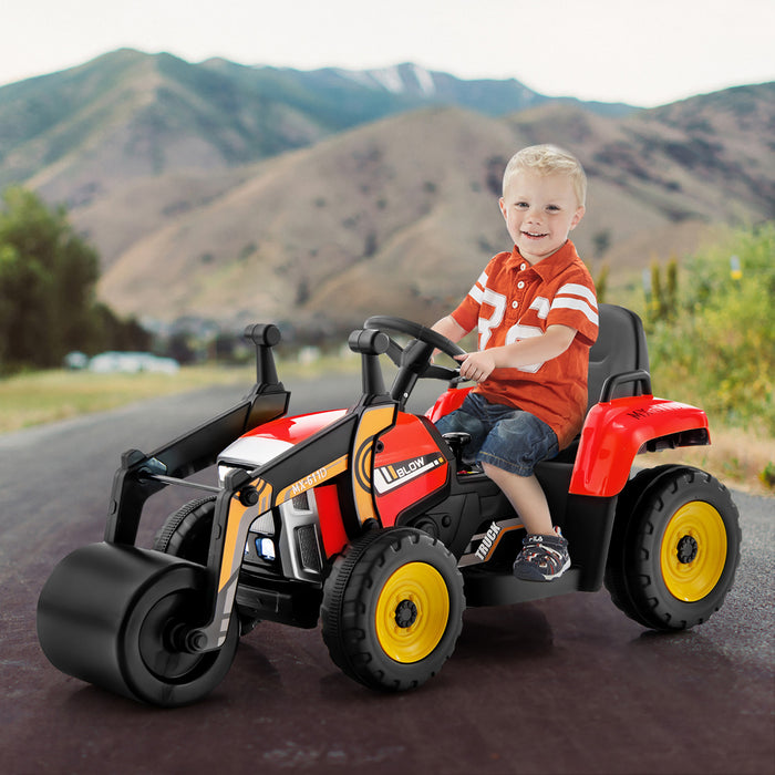 Costway Kids Ride On Road Roller 12v Electric Tractor Remote W/ Music & Led Light Red
