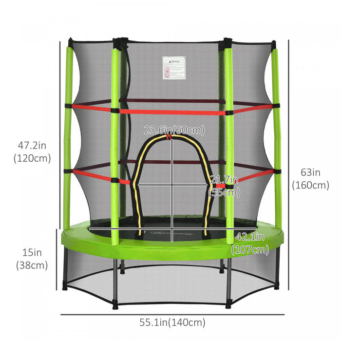 Outsunny Φ55\" Kids Trampoline With Enclosure Net Steel Frame Indoor Round Bouncer Rebounder Age 3 To 6 Years Old Green