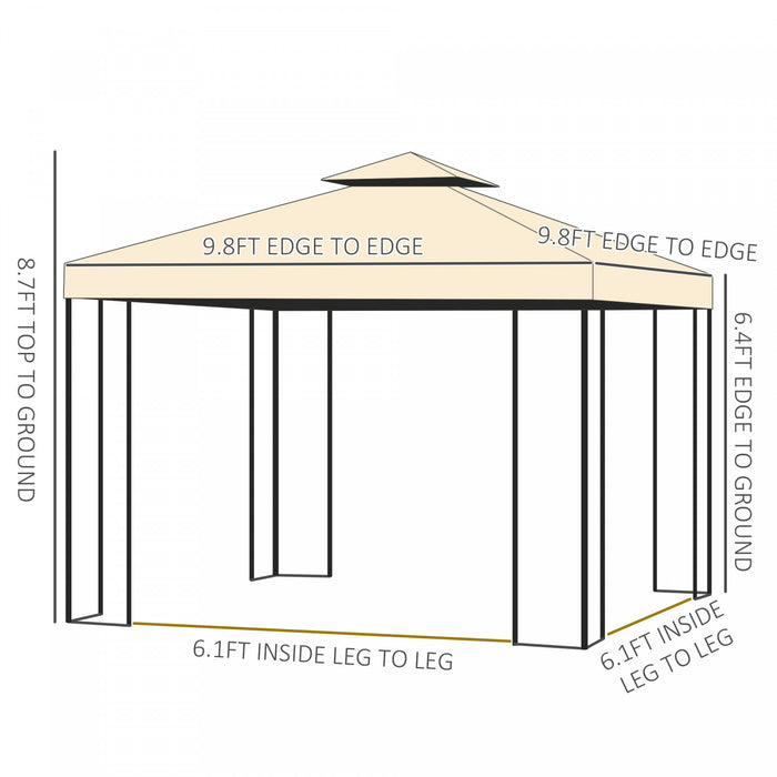 Outsunny 10'x10' Gazebo Canopy Outdoor Patio Sun Shelter Uv Protect W/ 2-tier Polyester Roof Curtain Sidewalls And Steel Frame Beige