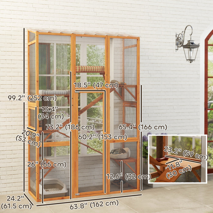Pawhut Catio Outdoor Cat Enclosure, Large Wooden Cat House With 6 Jumping Platforms, Scratching Post, 2 Ramps, Waterproof Roof, Outdoor Cat Cage For 2-3 Kittens, 64\" X 24\" X 99\"