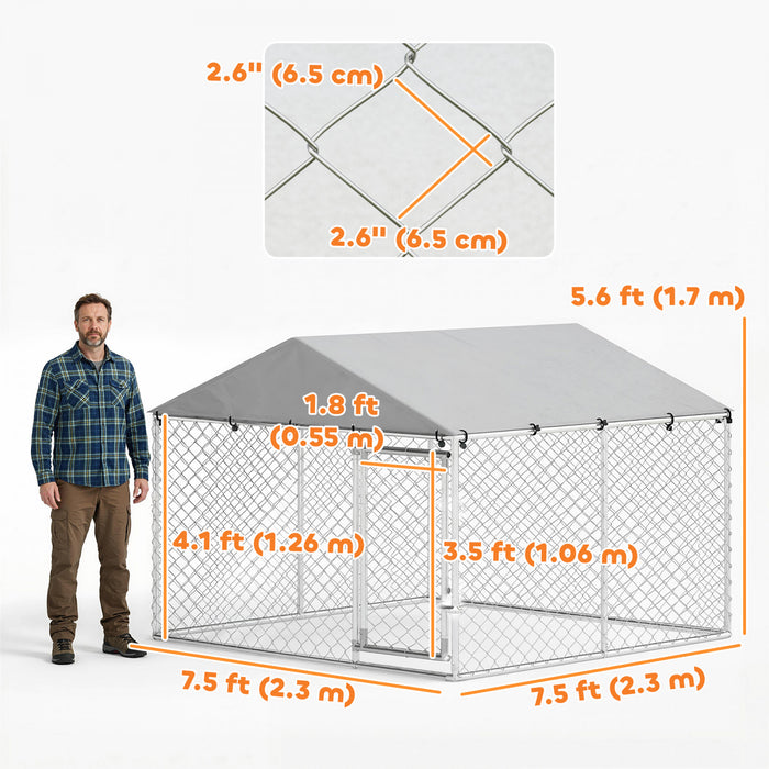 PawHut Outdoor Dog Kennel Dog Run with Waterproof, UV Resistant Cover, Double Secure Locks for Small and Medium Sized Dogs, 7.5' x 7.5' x 5.6', Silver