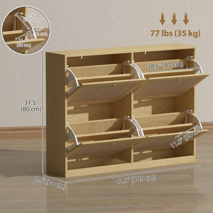 HOMCOM Narrow Shoe Cabinet with 4 Flip Drawers for Entryway Hallway Oak
