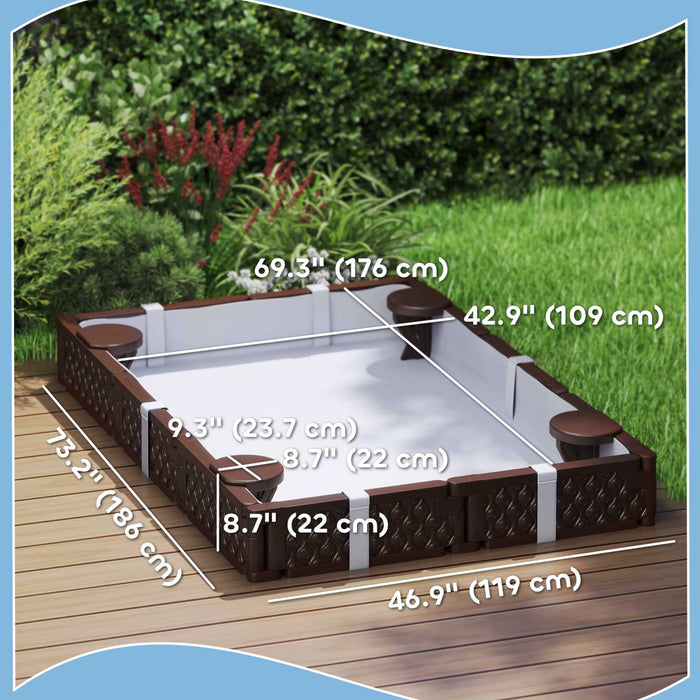 Qaba Kids Sandbox with Cover, Rectangular 73\" HDPE Large Sand Pit with 4 Seats, Waterproof Bottom Liner, Weather Resistant for Backyard, Lawn, Garden, Beach, Patio, Brown