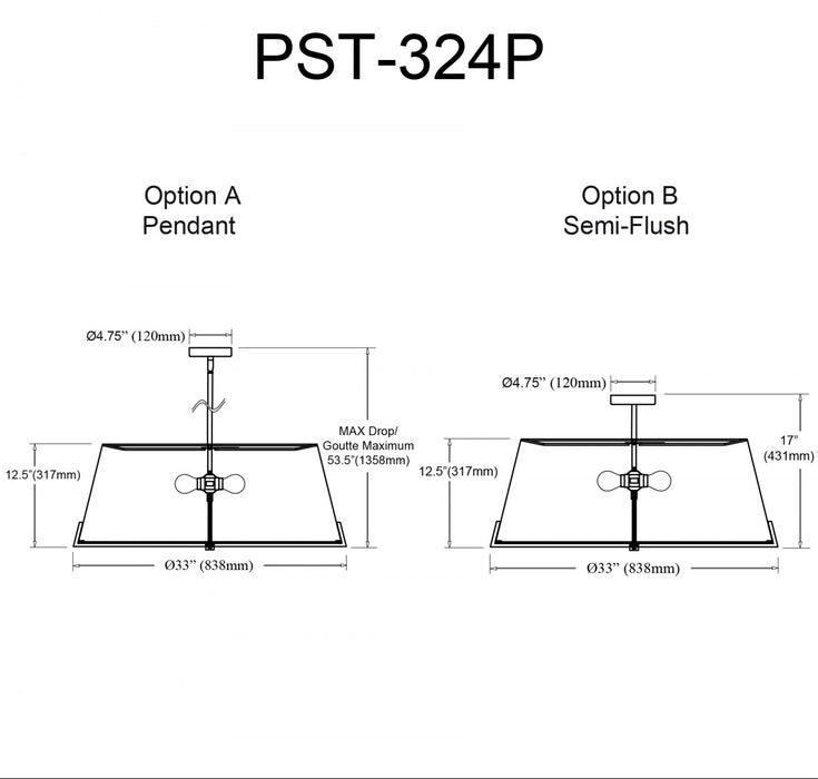 Dainolite Preston 4 Light Pendant 33\" Dia Matte Black White Fabric Shade Lamp
