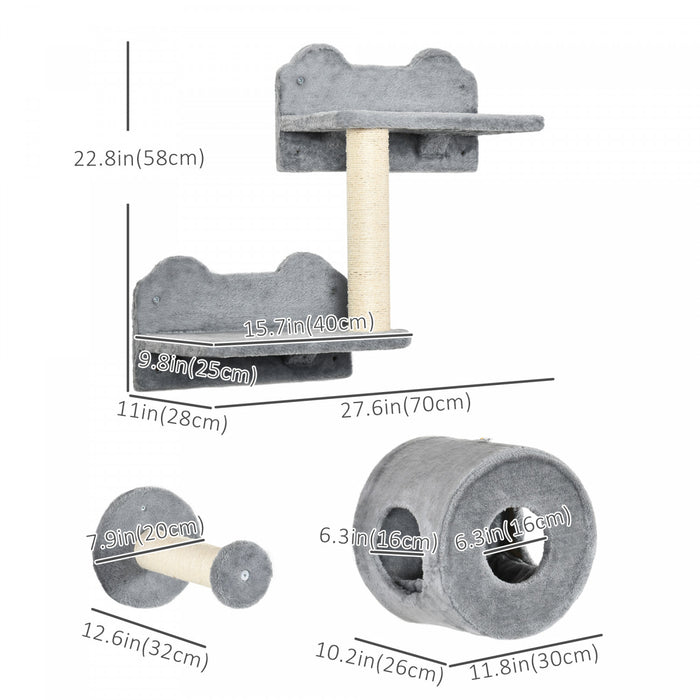 Pawhut 5pcs Cat Wall Shelves, Cat Wall Shelves And Perches For Wall With Condo, Cushion, Scratching Post, Jumping Platform For Sleeping, Playing, Climbing, And Lounging Grey