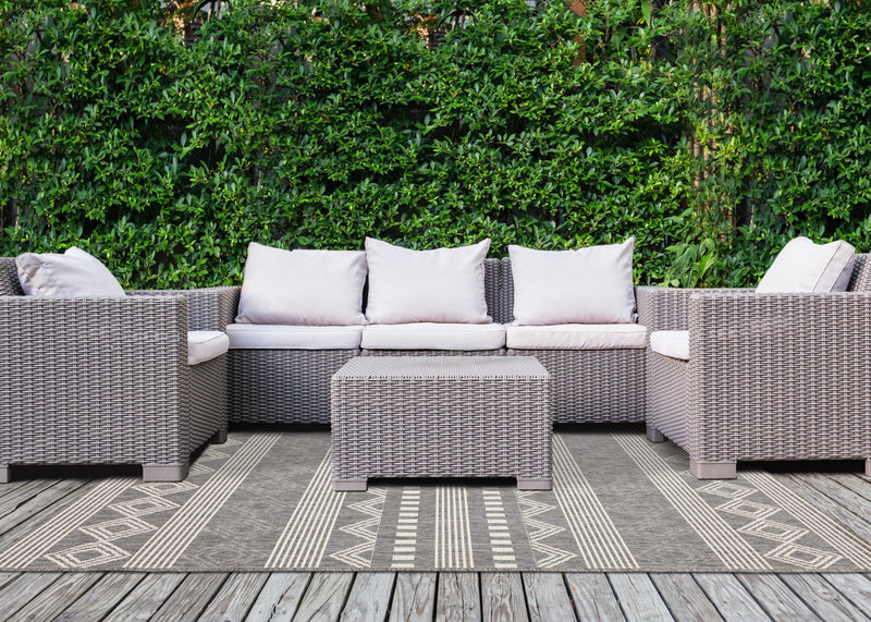 Jackson Grey White Patterned Rows Rug, 6'7\" x 9'6\" Outdoor Area Rug