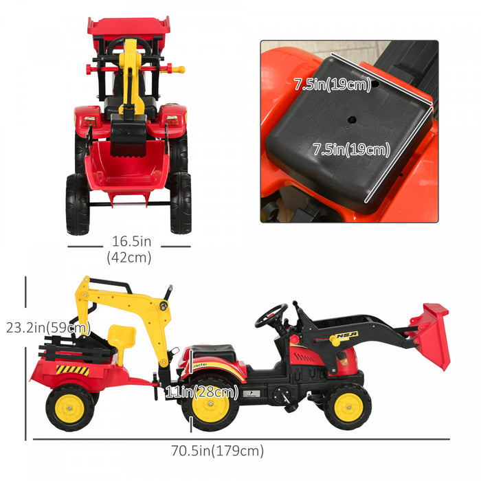 Aosom 3 In 1 Kids Ride On Excavator Toy With 6 Wheels, Bulldozer With Controllable Cargo Trailer & Easy Pedal Controls