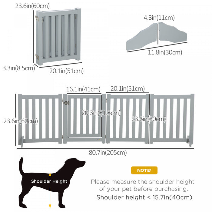 Pawhut Foldable Dog Gate With Door, 4 Panels Freestanding Pet Gate With Support Feet Indoor Playpen For Small Dogs And Below, Grey