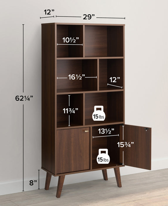 Milo Mid-Century Modern Bookcase with 6 Shelves, 2 Doors & Brushed Brass-Finished Knobs - Cherry