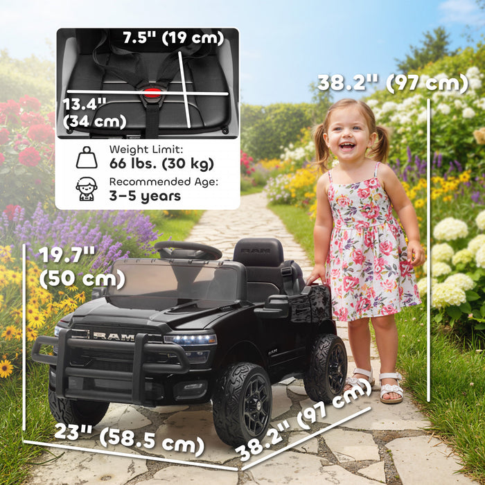 Qaba 12V Kids Car, Electric Ride on Vehicle Licensed Dodge RAM 3500 Battery Powered with Remote Control, Rear Suspension, Bluetooth, Power Display and LED Light for 3-5 Years Black