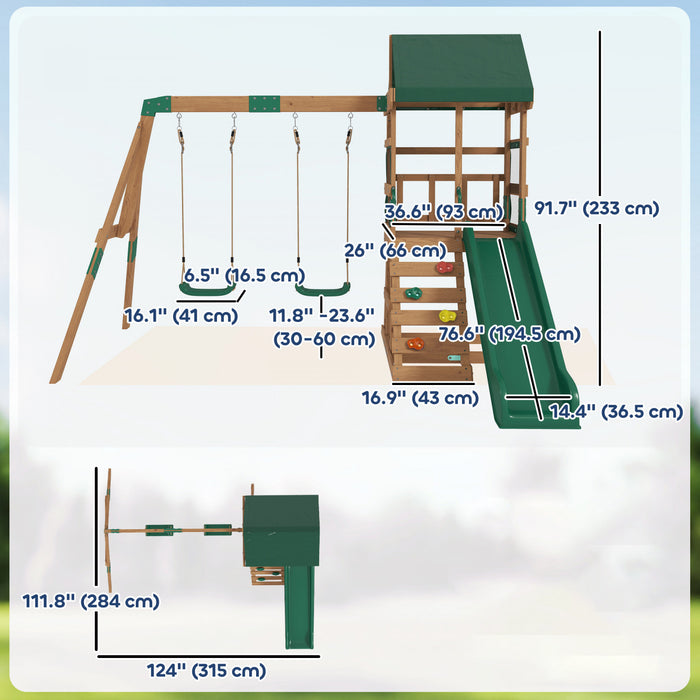 Qaba Wood Swing Set, Outdoor Playset with Slide, 2 Swings, Rock Wall and Covered Upper Deck, Kids Outdoor Playground