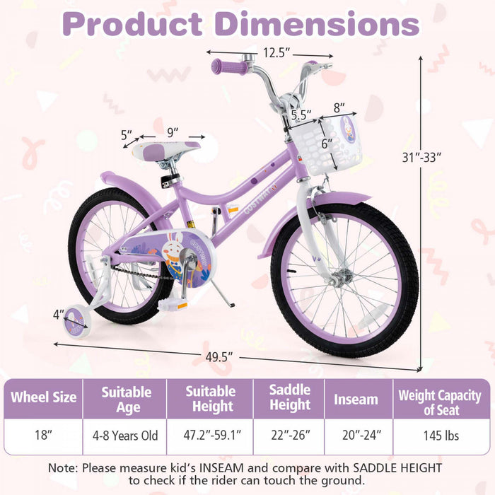 Costway 18\" Girl Bike With Basket Detachable Training Wheels Adjustable Seat Handbrake Coaster Brake Purple