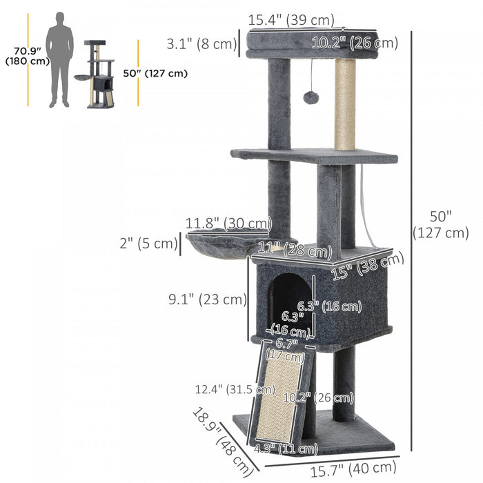 PawHut 50 Inch Cat Tree for Indoor kittens, Multi-Level Cat Tower with Sisal Scratching Posts and Ramp, Bed, Condo, Plush Perch, Hammock, Toy Ball, Grey