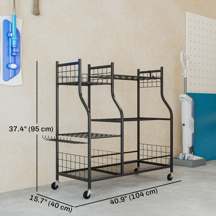 Outsunny Garden Tool Organizer for Garage, 3-Tier Yard Tool Storage Rack with 32 Slots, 4 Wheels, Shelves, 11 Hooks for Long-Handled Shovels and Rakes for Shed, Yard, Patio, Black