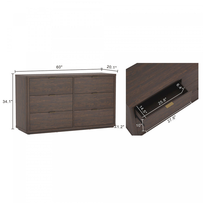 Evelyn Modern 60\" Dresser in Brown (6-Drawer)