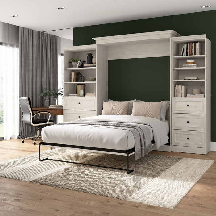 Bestar Versatile Queen Murphy Bed and Closet Organizers with Drawers (126 W) - Linen White Oak