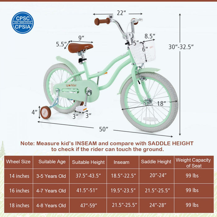 Costway 18\" Kids Bike Toddler Bicycle With Training Wheel Kickstand For 4-8 Years Green
