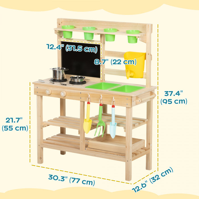 Qaba Kids Mud Kitchen, Outdoor Wooden Play Kitchen with Planter Box, Blackboard, Sink, Faucet, Stoves, Storage Shelves, Cooking Accessories & Gardening Tools for Girls Boys Age 3-6