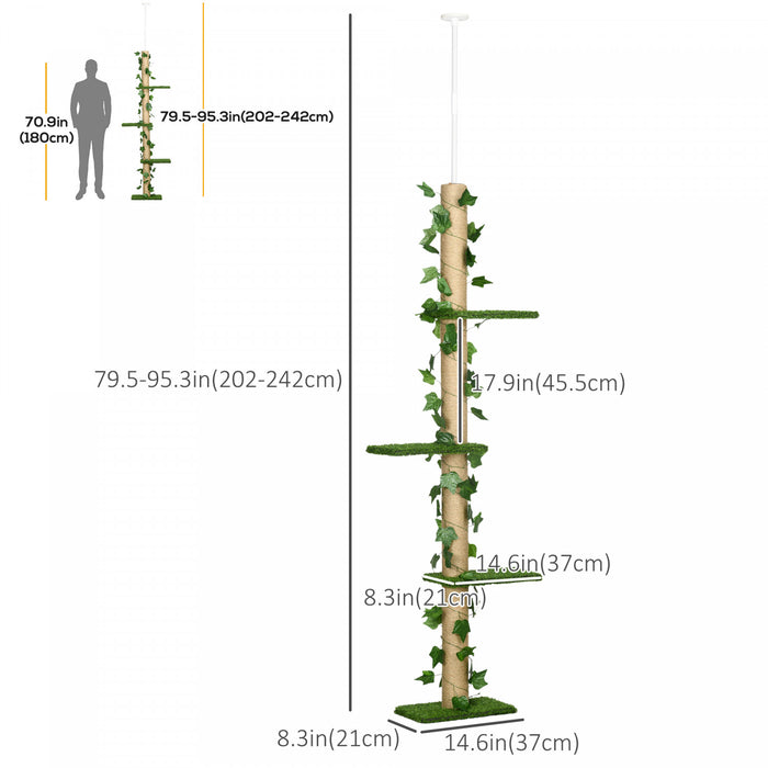 Pawhut 4-tier Floor To Ceiling Cat Tree, Height(80-95inches)adjustable, Tall Cat Tower W/ Anti-slip Kit, Leaves, Multi-layer Activity Centre W/ Scratching Post