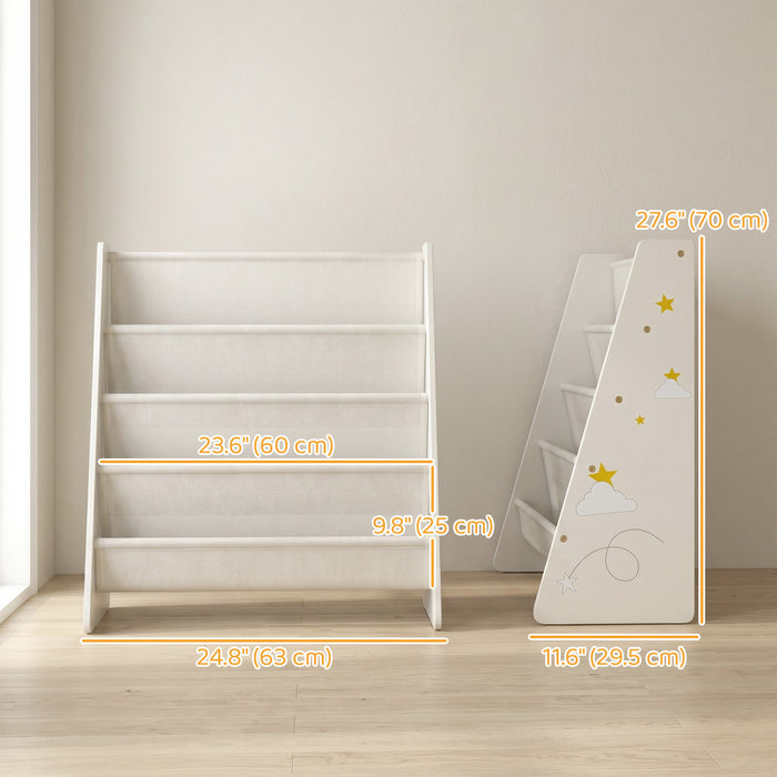 Qaba Fabric Kids Bookshelf, 4-Tier Toddler Sling Book Rack for Playroom, Bedroom, Nursery and Kids Room, Toddler Bookcase for Ages 3-6, White