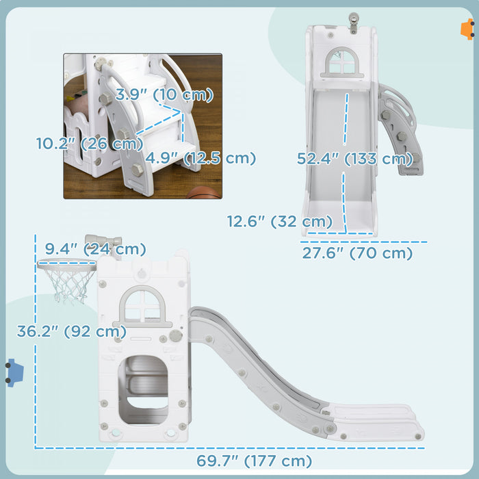Qaba Toddler Slide, 4 In 1 Slide For Kids Aged 1-3 Years With Basketball Hoop, Climber, Telescope, Storage Basket, For Indoor Use, Grey