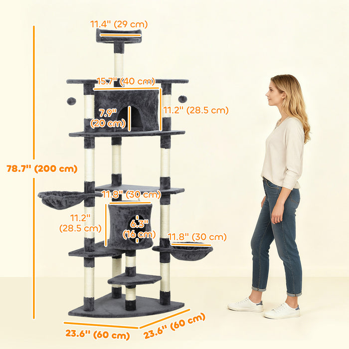 PawHut 79\" Cat Tree Tower, Large Cat Condo Furniture, Multi-Level Cat Tower with Scratching Posts, Cozy Hammock, Dangling Balls - Dark Grey