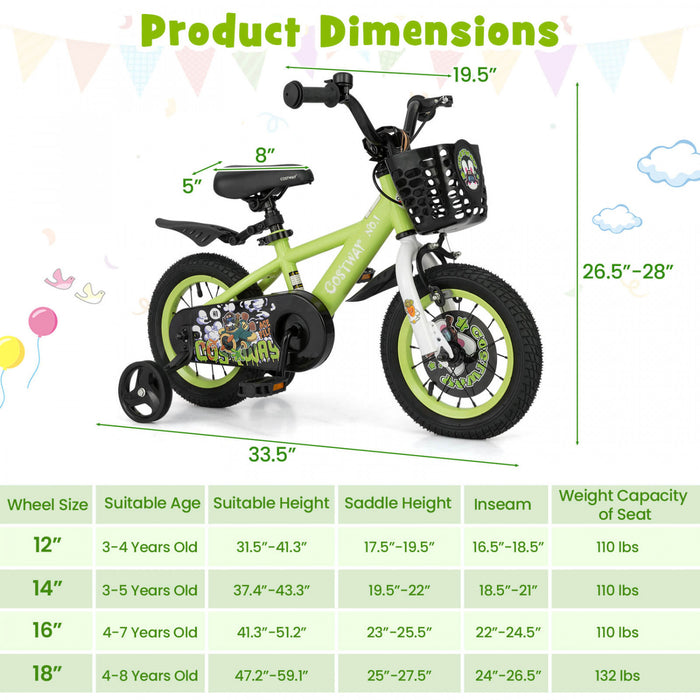 Costway 12\" Kid's Bike For 3-4 With Height-adjustable Handlebar & Saddle Handbrake Green