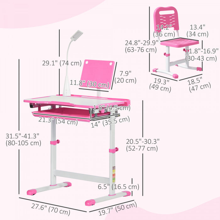 Qaba Kids Desk And Chair Set Height Adjustable Student Writing Desk Children School Study Table With Tilt Desktop, Led Lamp, Pen Box, Drawer, Reading Board, Cupholder, Pink