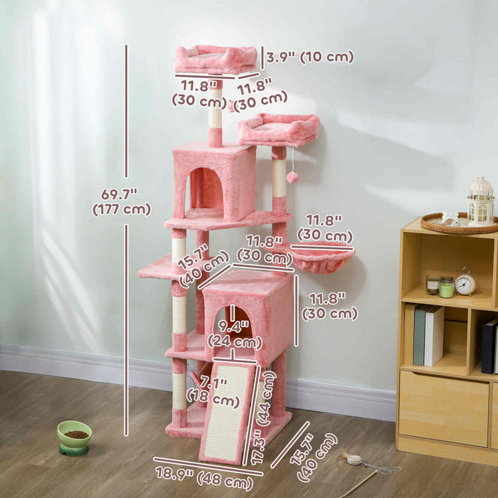 PawHut Cat Tree, 70\" Multi-Level Cat Tower for Indoor with 2 Condos, 2 Plush Top Perches, Hammock, Platforms, Toy Balls, Sisal Scratching Posts and Board, Pink