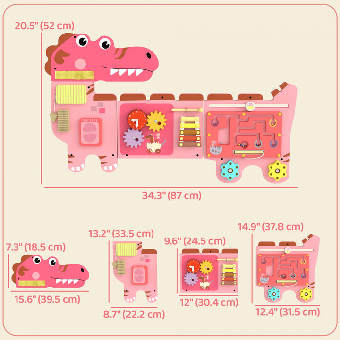 Qaba Dinosaur Busy Board Panels, Montessori Sensory Toys for Toddlers, Toddler Learning Activity Center, Wall-Mounted Learning Toy for Ages 2+, Living Room or Kids Room, Pink