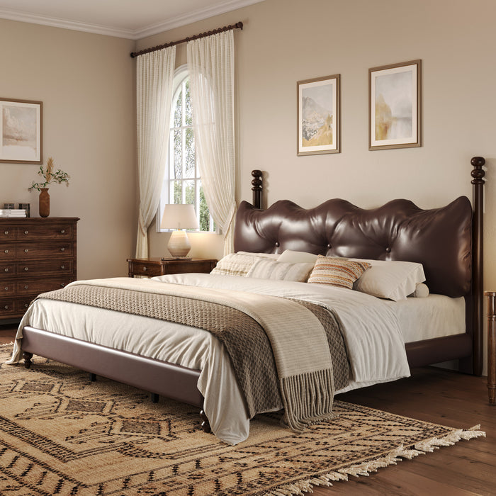 Emma Faux Leather Platform Bed Frame with Headboard,Queen Size,Dark Brown Queen Bed