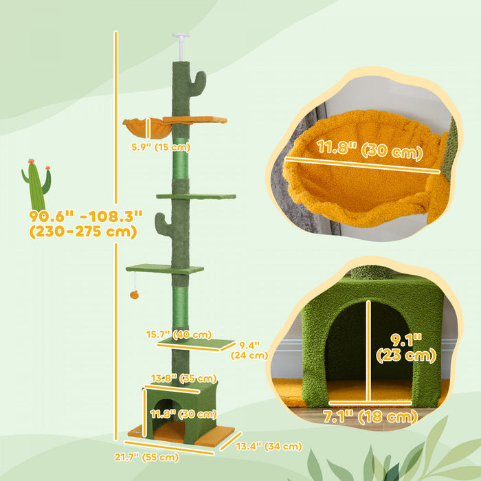Pawhut Floor To Ceiling Cat Tree, Cat Tower With 90.5\"-108\" Adjustable Height, 5 Tier Activity Centre With Scratching Posts, Hammock, Condo, Toy Ball For Indoor Cats, Green