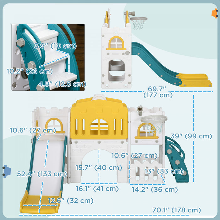 Qaba Toddler Slide, 7 In 1 Slide For Kids With Basketball Hoop, Climber, Telescope, Tunnel, Steering Wheel, Aisle, Storage Baskets, Indoor Slide Playset For 1-3 Years, Yellow