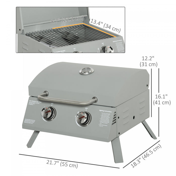 Outsunny 2 Burner Propane Gas Grill, Outdoor Portable Tabletop BBQ with Foldable Legs, 10000 Each Burner, Lid, for Camping, Picnic, Backyard, Silver