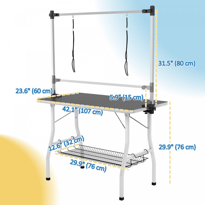Pawhut 42in Foldable Dog Grooming Table, Pet Grooming Table With Adjustable Grooming Arms, Storage Shelf, Two Nooses, 42\" X 24\" X 61\", Black