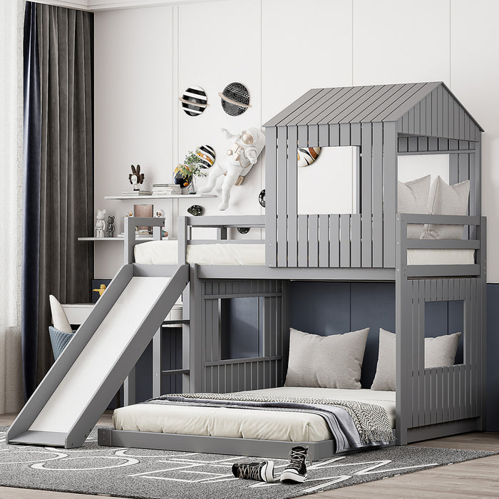 Marico Twin Over Solid Wood Full Bunk Bed With Slide, Playhouse Design, Grey