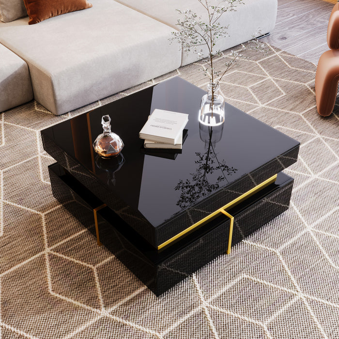 Ava High-Gloss Coffee Table with Storage Drawers and Gold Accents,Black