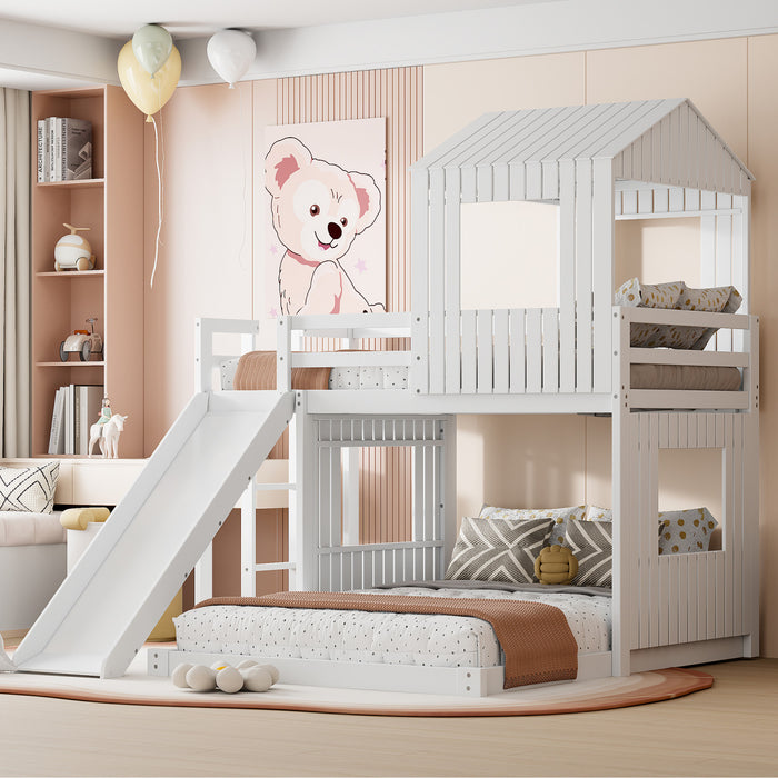 Marico Twin Over Solid Wood Full Bunk Bed With Slide, Playhouse Design, White