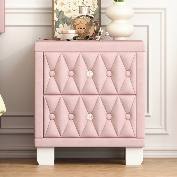 Sophia Elegant Velvet Nightstand with Drawers and Button-Tufted Design,Pink
