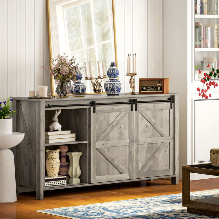 HOMCOM Farmhouse Sideboard Buffet Cabinet with Doors Distressed Light Grey