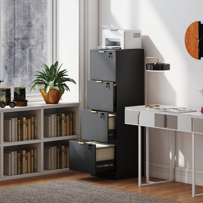 HOMCOM 4 Drawer File Cabinet Fluted Vertical Filing Cabinet with Lock Black