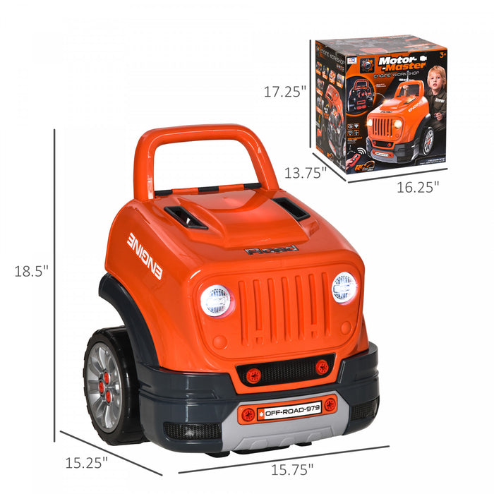 Qaba Kids Truck Engine Toy Set, Educational Car Service Station Playset, Take Apart Workshop, W/ Steering Wheel, Horn, Light, Rc Car Key, For 3-5 Years Old Orange