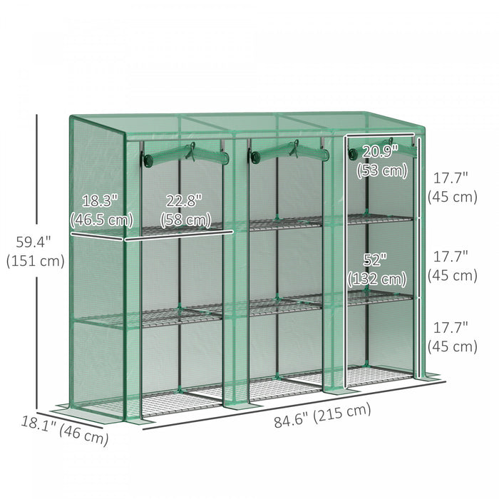 Outsunny Lean-to Mini Greenhouse W/ 3 Tier Shelves, 3 Roll-up Doors, Green