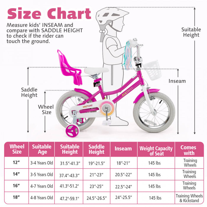 Costway 14\" Kids Bike With Training Wheels Doll Seat Basket Streamers Hand Brake Pink