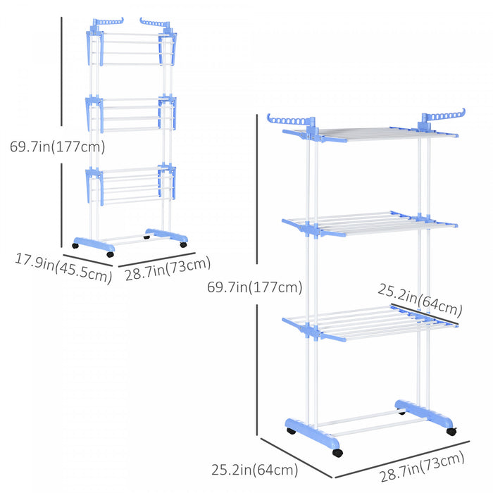 Homcom Foldable Clothes Drying Rack With 2 Side Wings 4 Castors