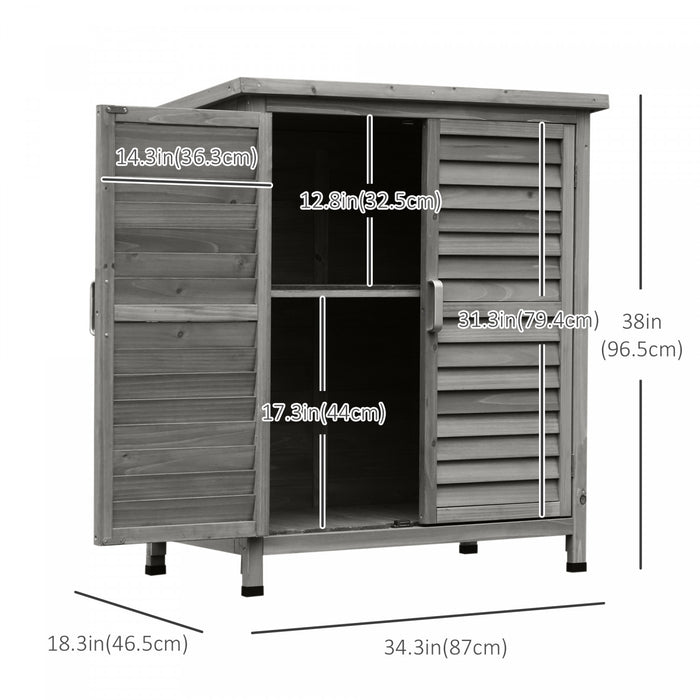 Outsunny Garden Shed Wooden Garden Storage Shed 2 Door Unit Solid Fir Wood Garage Tool Organisation Cabinet, 34.3\" X 18.3\" X 38\", Grey
