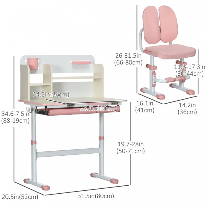 Qaba Kids Desk And Chair Set, Height Adjustable Student Writing Desk & Chair With Adaptive Seat Back, Footrests, Bookshelf, Drawer, Pen Holder, Pink