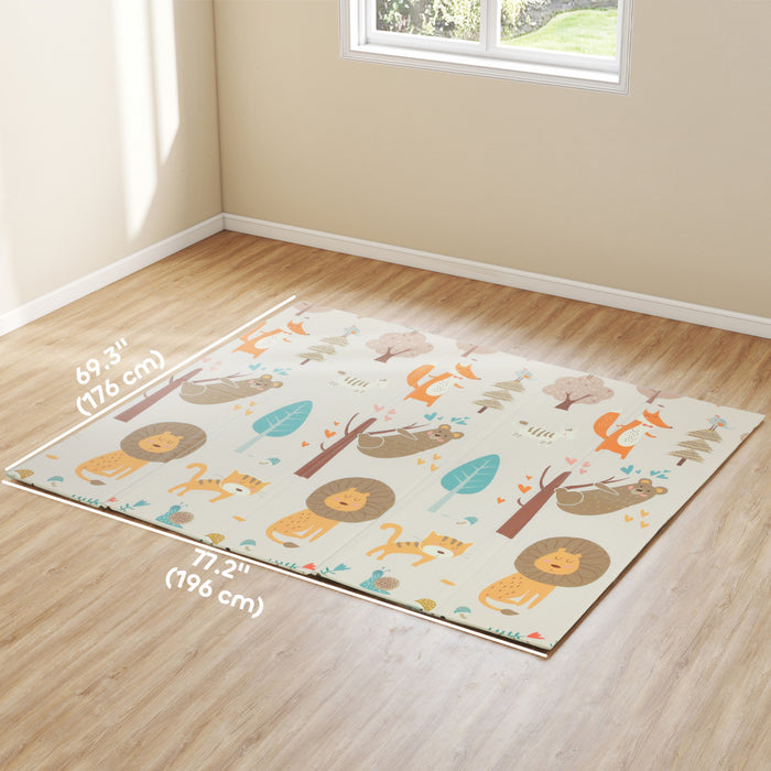 Qaba Baby Play Mat 77\" X 69\", Extra Large Double Sided Foldable Crawling Mat For Babies And Toddlers, Reversible & Waterproof Foam Floor Pad For Infants, Animal Theme